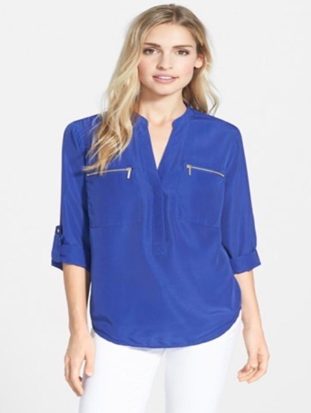 New Michael Kors Blouse Top Zip Pockets Roll Tab Sleeves Blue 3X Office Classic